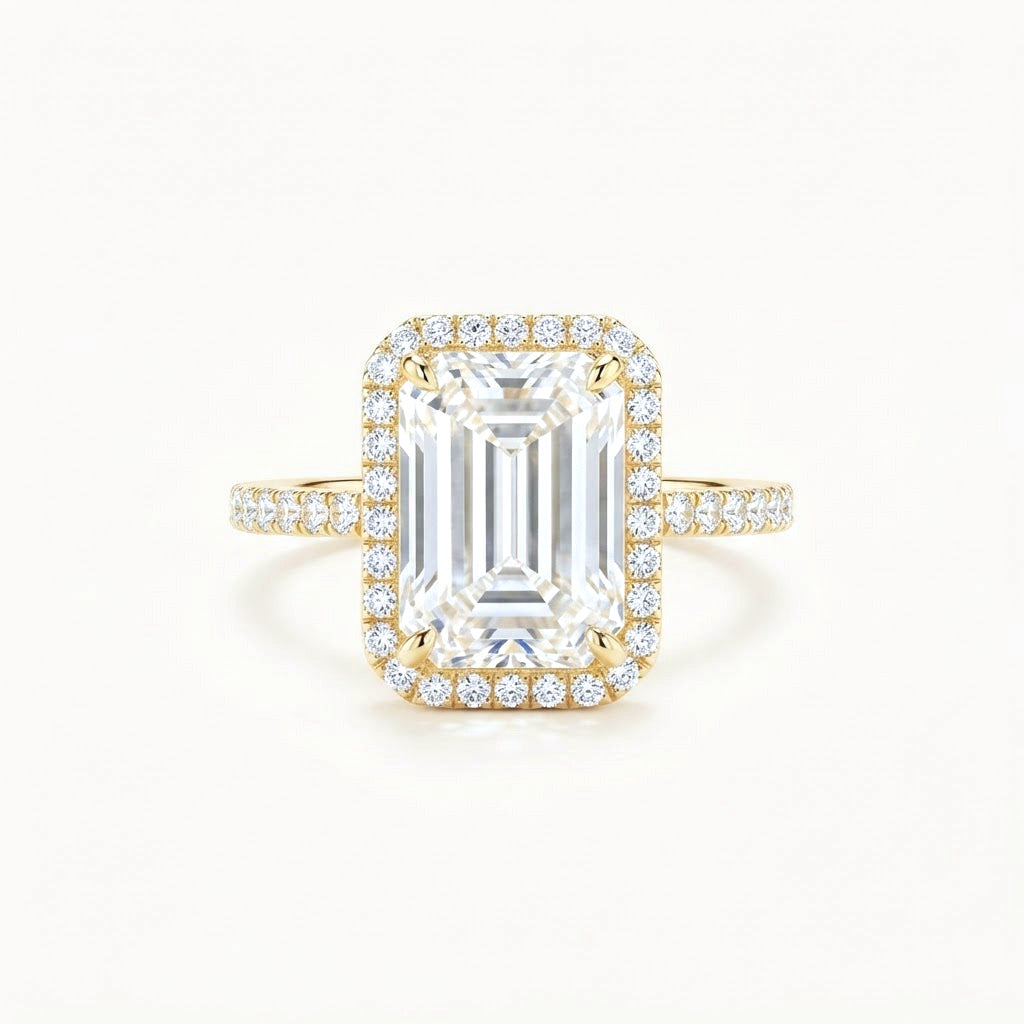 4 CT Emerald-Cut Lab-Grown Diamond Halo Ring in 14K Yellow Gold