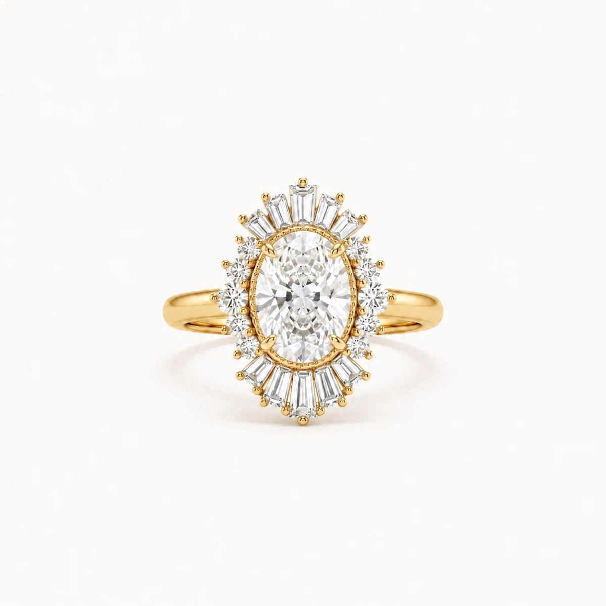 Oval Lab-Grown Diamond Sunburst Halo Ring in 14K Yellow Gold – 1.12 CTW