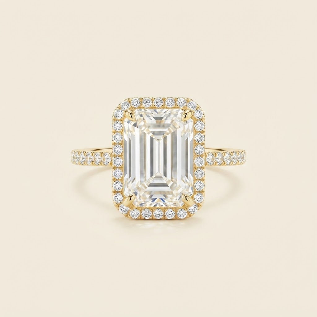14K Yellow Gold Emerald-Cut Diamond Halo Engagement Ring