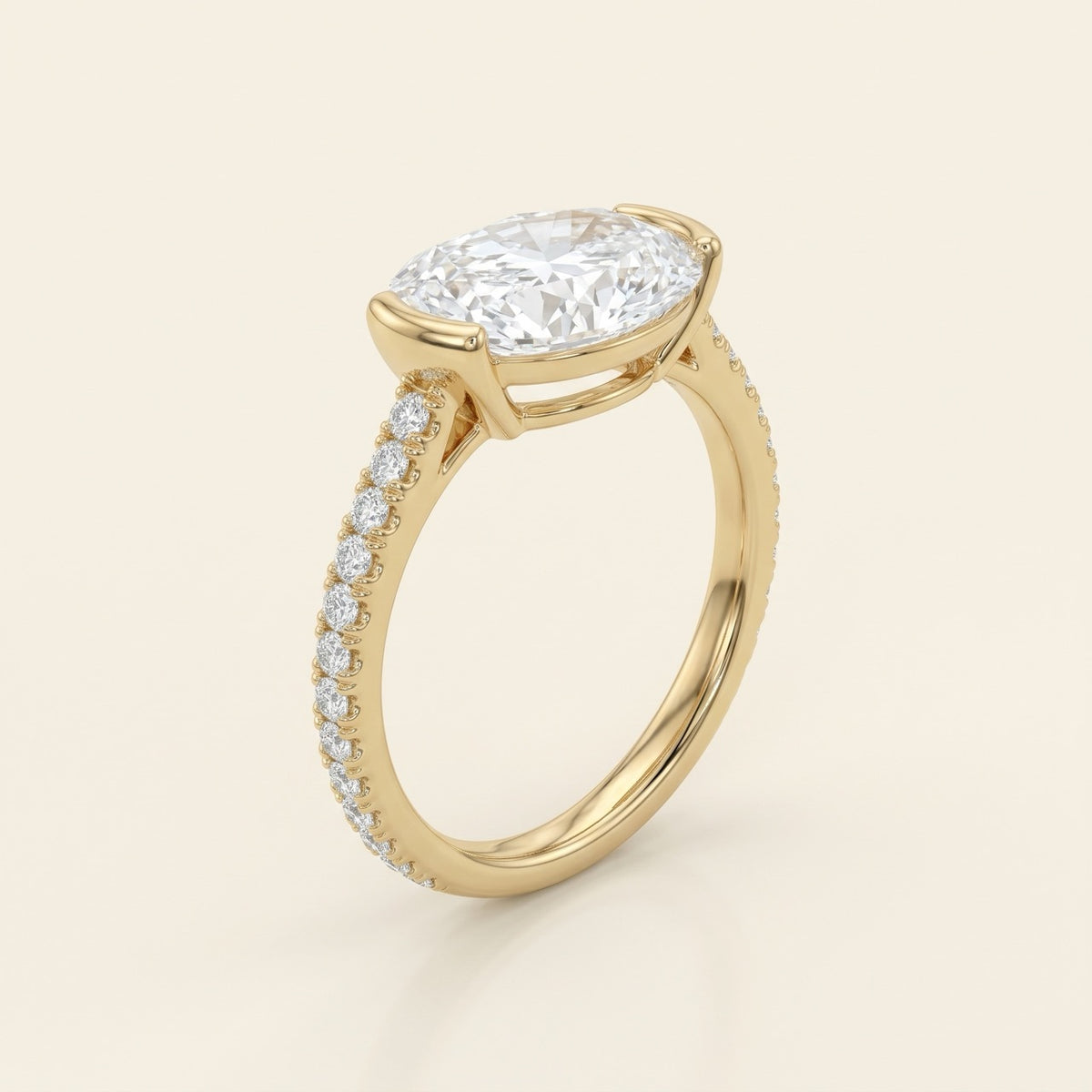 14K Yellow Gold East-West Oval Diamond Engagement Ring with Half-Bezel and Pavé Band