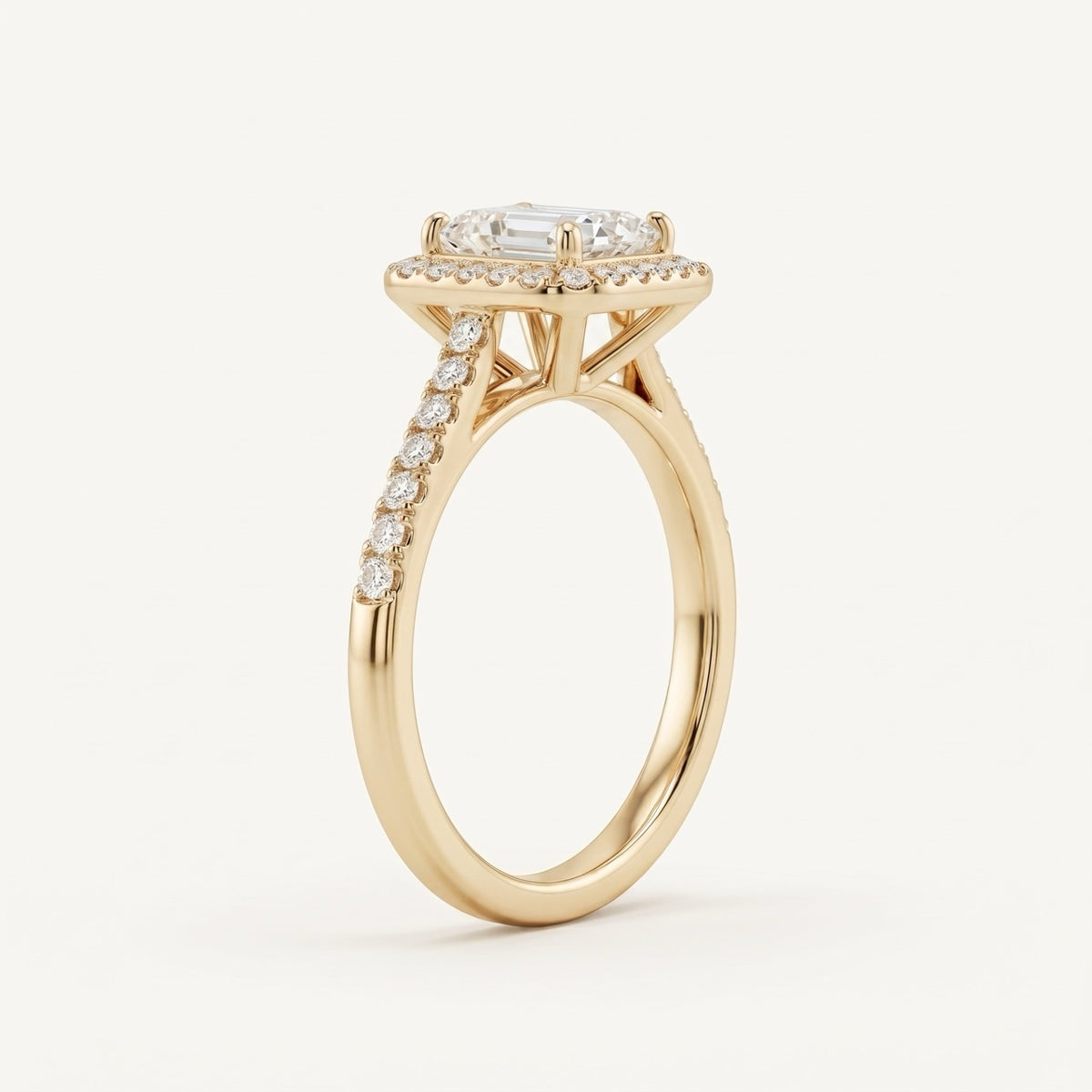 14K Yellow Gold Emerald-Cut Diamond Halo Engagement Ring