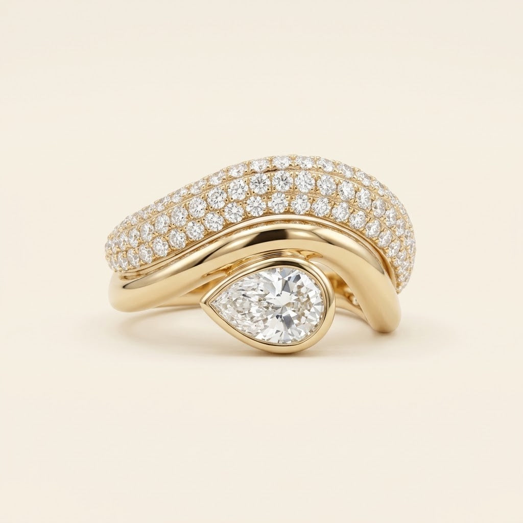 The Céleste Crest Ring - Céleste Asymmetric Pear & Multi-Row Pavé Lab Diamond Ring in 14K Gold