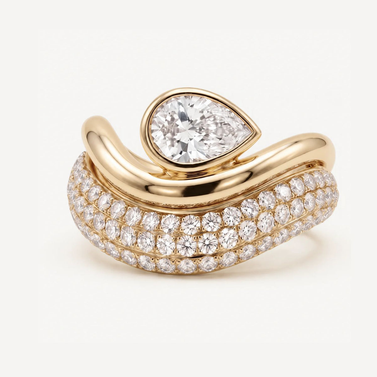 The Céleste Crest Ring - Céleste Asymmetric Pear & Multi-Row Pavé Lab Diamond Ring in 14K Gold