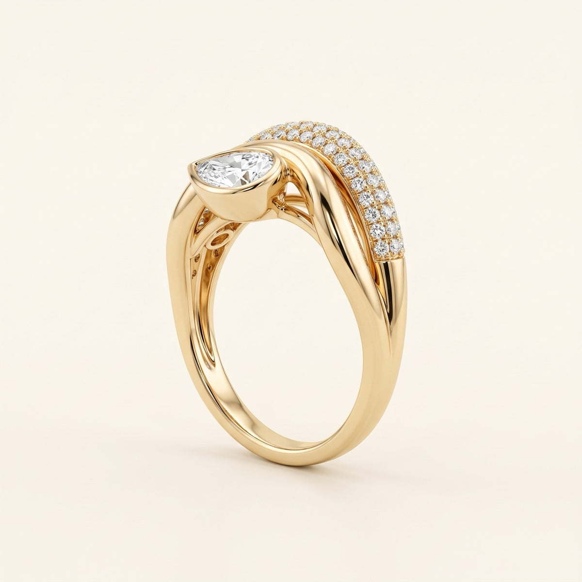 The Céleste Crest Ring - Céleste Asymmetric Pear & Multi-Row Pavé Lab Diamond Ring in 14K Gold