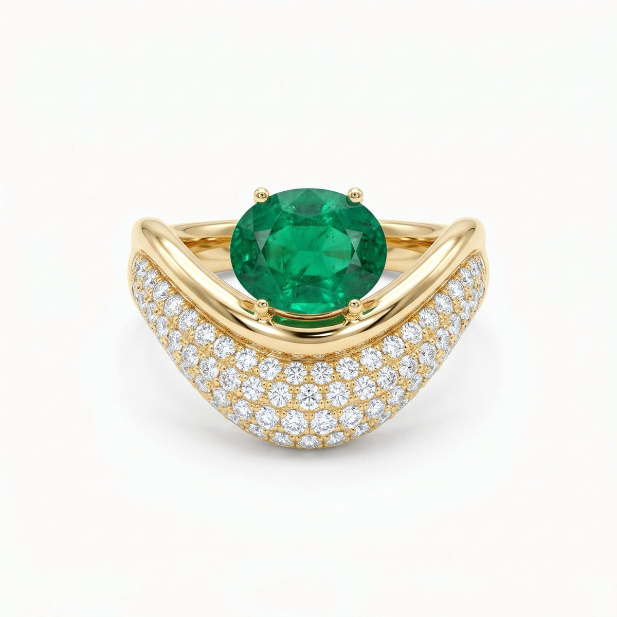 Emerald & Diamond Swirl Cocktail Ring in Gold