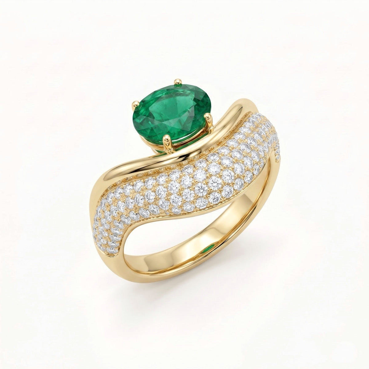 Emerald & Diamond Swirl Cocktail Ring in Gold
