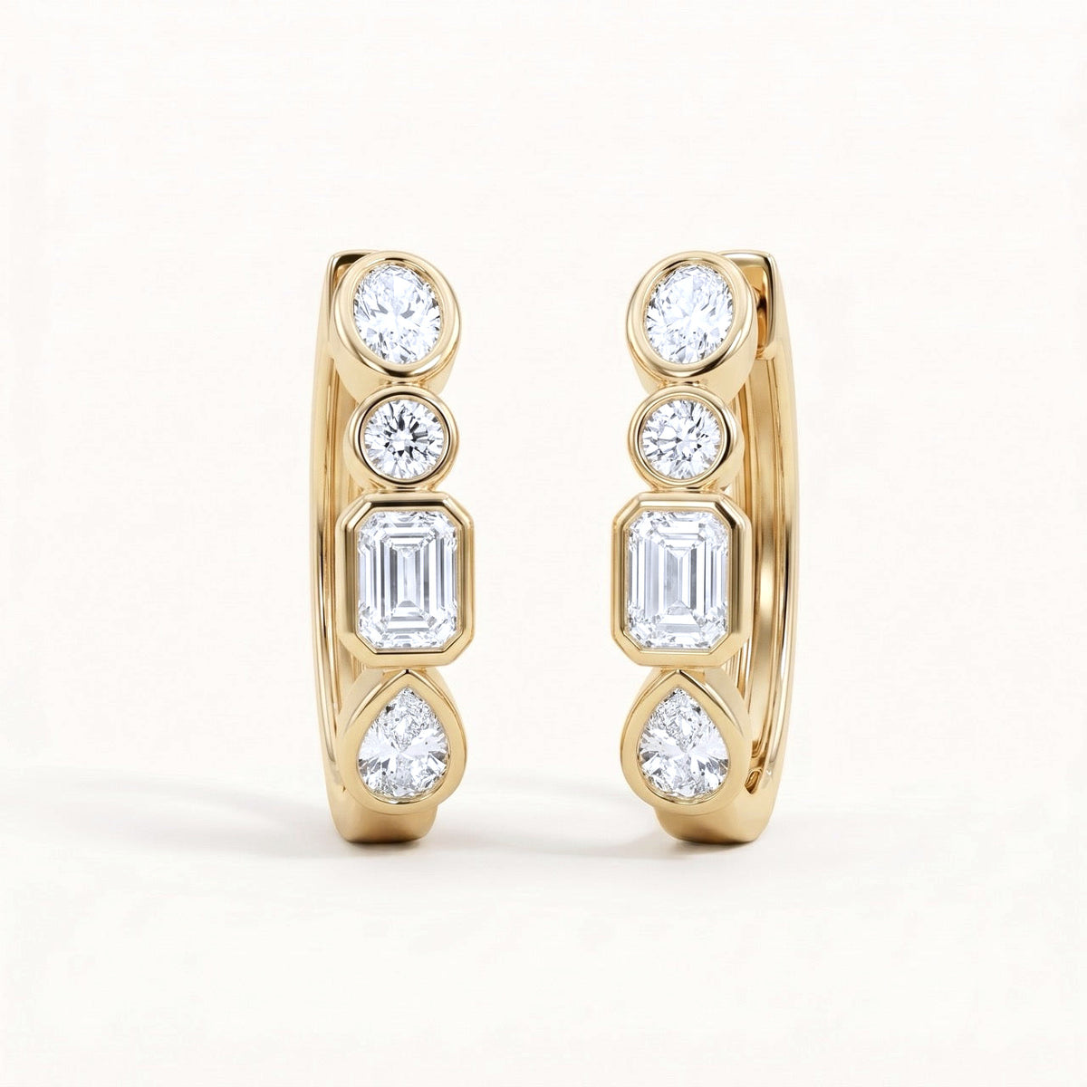 Multi-Shape Bezel Diamond Huggie Hoop Earrings in 14K Gold