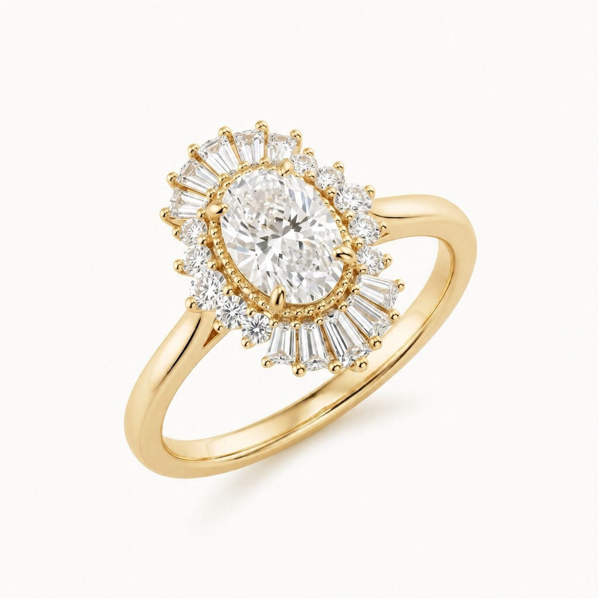 Oval Lab-Grown Diamond Sunburst Halo Ring in 14K Yellow Gold – 1.12 CTW