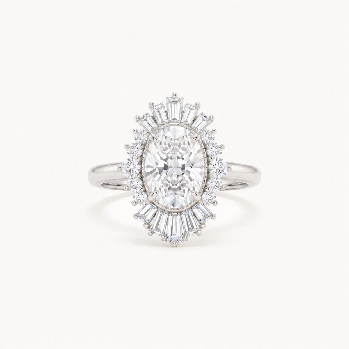 Aurelia Sunburst Oval Diamond Halo Ring in 14K White Gold
