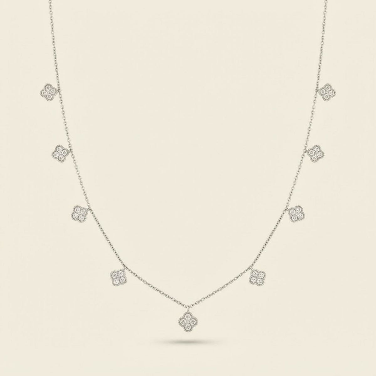 14K White Gold Multi-Station Diamond Clover Necklace