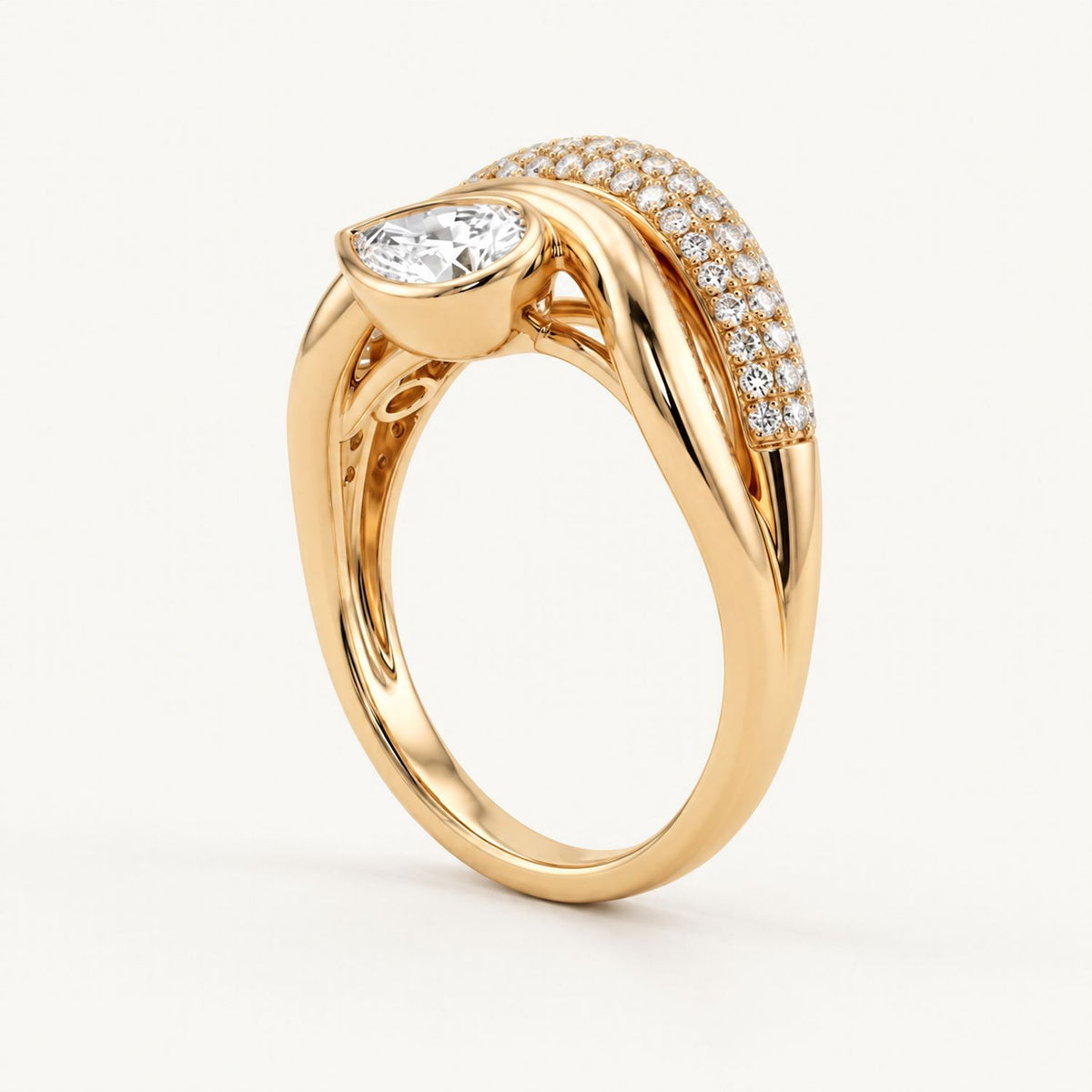 The Céleste Crest Ring - Céleste Asymmetric Pear & Multi-Row Pavé Lab Diamond Ring in 14K Gold