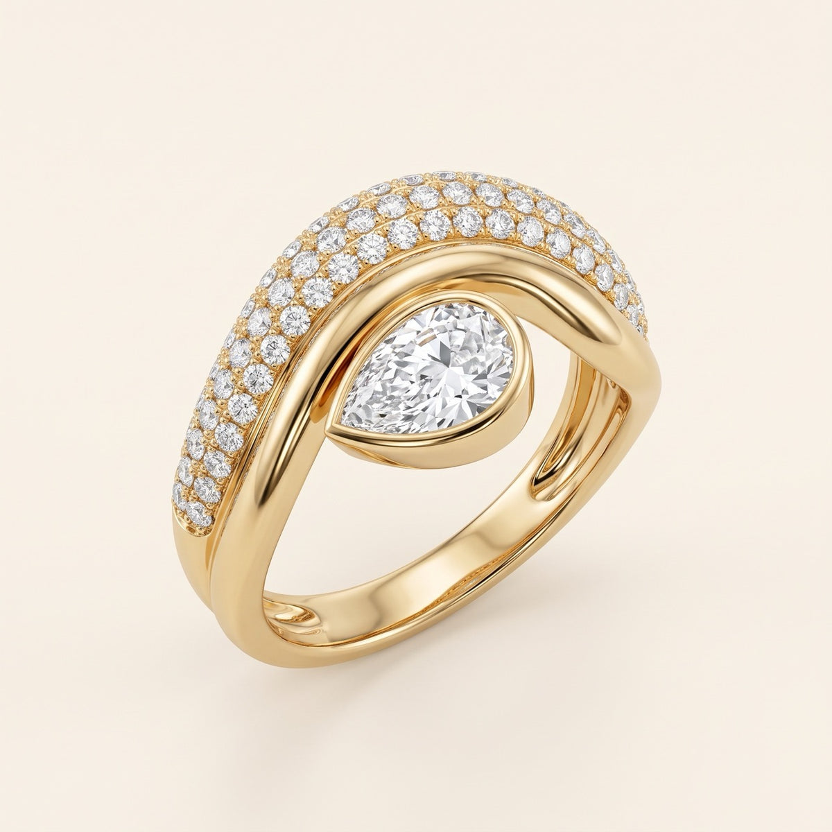 The Céleste Crest Ring - Céleste Asymmetric Pear & Multi-Row Pavé Lab Diamond Ring in 14K Gold