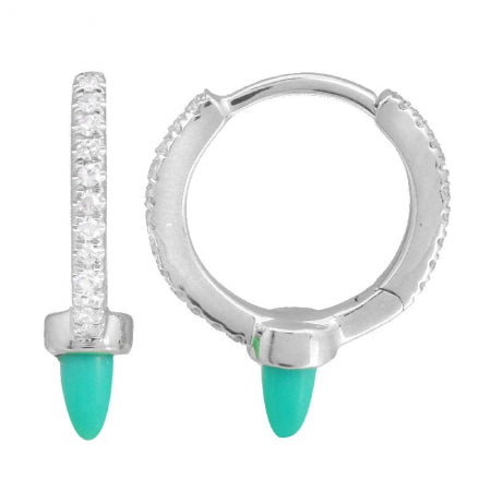 Agent Jewel - 14k White Gold Turquiose Spike Diamond Huggie Earrings