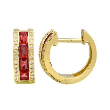 Agent Jewel - 14k Yellow Gold Ruby With Diamond Border Huggie Earrings