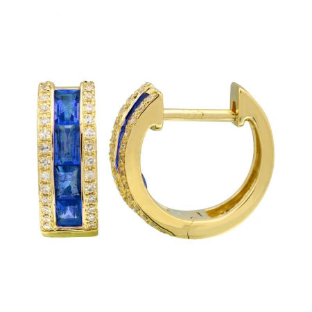 Agent Jewel - 14k Yellow Gold Sapphire With Diamond Border Huggie Earrings