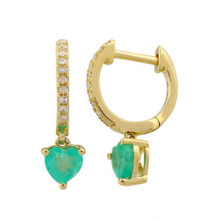 Agent Jewel - 14k Yellow Gold Heart Shape Emerald Drop Diamond Huggie Earrings