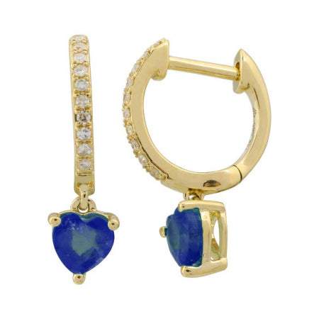 Agent Jewel - 14k Yellow Gold Heart Shape Sapphire Drop Diamond Huggie Earrings