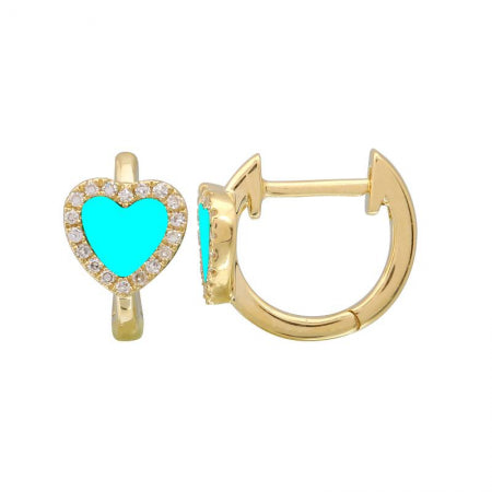 Agent Jewel - 14k Yellow Gold Turquoise Heart Huggie Earrings