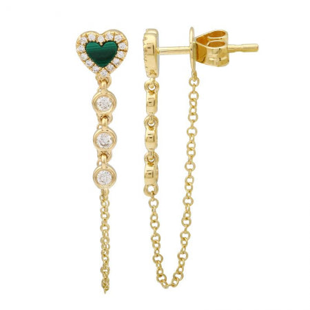 Agent Jewel - 14k Yellow Gold Malachite Heart Chain Drop Earrings