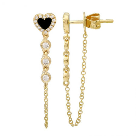 Agent Jewel - 14k Yellow Gold Onyx Heart Chain Drop Earrings
