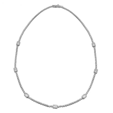 Agent Jewel - 14k White Gold Diamond Illusion Emerald Shape & Tennis Necklace / 16inch