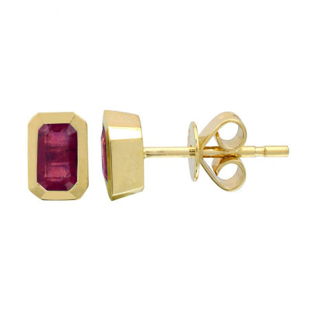 Agent Jewel - 14k Yellow Gold Emerald Shape Ruby Stud Earrings / Bezel Set