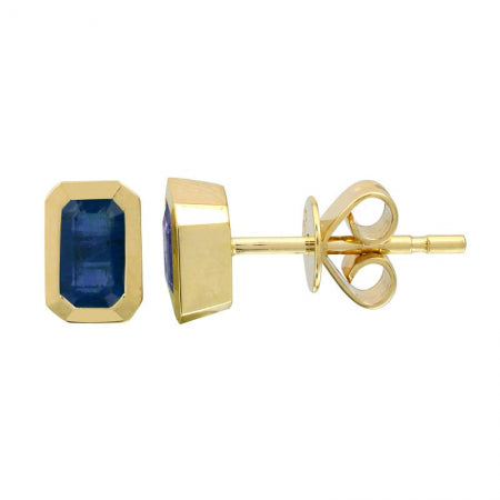 Agent Jewel - 14k Yellow Gold Emerald Shape Sapphire Stud Earrings / Bezel Set