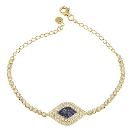 Agent Jewel - 14k Yellow Gold Evil Eye& Crown Prong Diamond Tennis Chain Bracelet