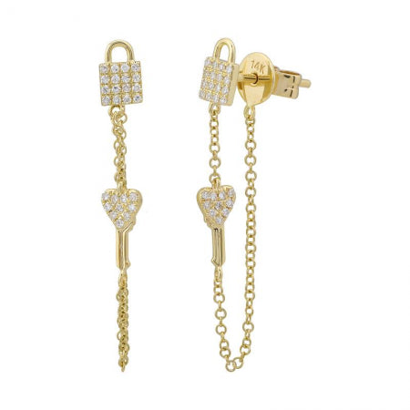 Agent Jewel - 14k Yellow Gold Lock & Heart Diamond Earrings