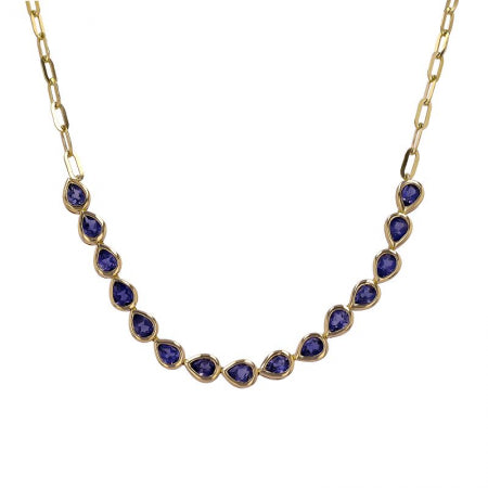 Agent Jewel - 14k Yellow Gold Pear Shape Iolite Paper Chip Chain Necklace