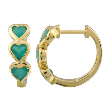 Agent Jewel - 14k Yellow Gold Heart Shape Grren Agate Huggie Earrings