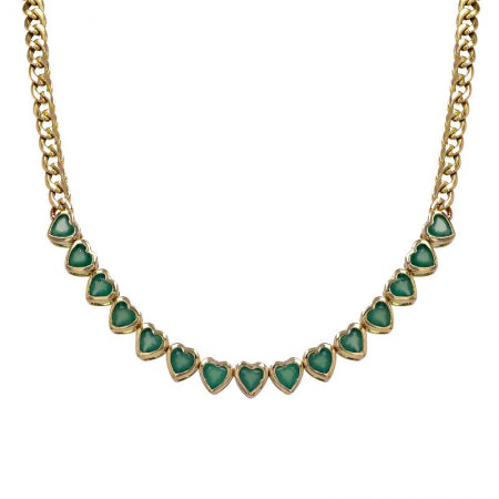 Agent Jewel - 14k Yellow Gold Heart Shape Green Agate Cuban Link Chain Necklace