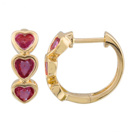 Agent Jewel - 14k Yellow Gold Heart Shape Ruby Huggie Earrings