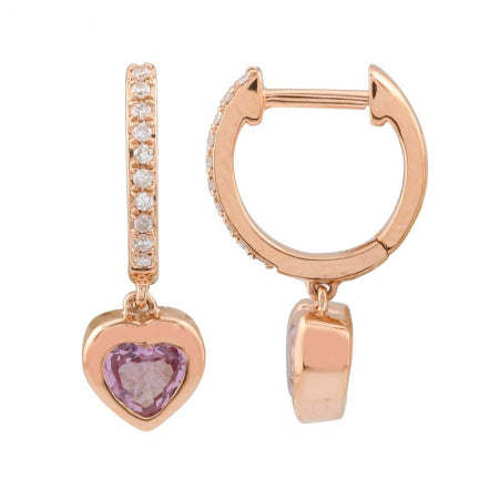 Agent Jewel - 14k Rose Gold Pink Sapphire Heart Shape Diamond Huggie Earrings