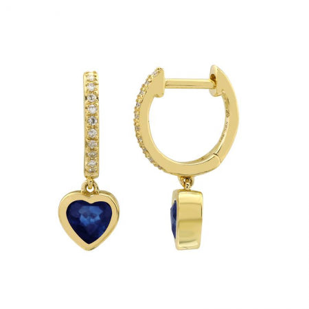 Agent Jewel - 14k Yellow Gold Sapphire Heart Shape Diamond Huggie Earrings