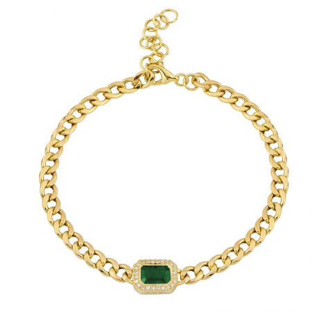 Agent Jewel - 14k Yellow Gold Emerald Cut Emerald Cuban Link Chain Bracelet