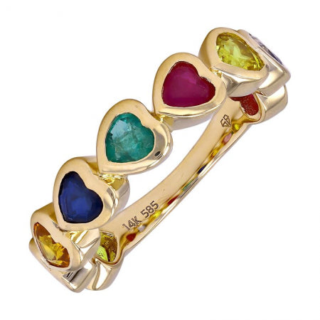 Agent Jewel - 14k Yellow Gold Heart Shape Multi Sapphire Rainbow Ring