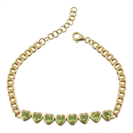 Agent Jewel - 14k Yellow Gold Heart Shape Peridot Cuban Link Chain Bracelet