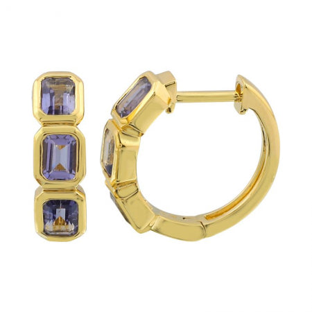 Agent Jewel - 14k Yellow Gold Emerald Shape Iolite Huggie Earrings
