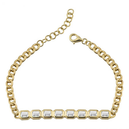 Agent Jewel - 14k Yellow Gold Emerald Shape White Topaz Cuban Link Chain Bracelet