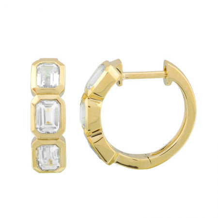Agent Jewel - 14k Yellow Gold Emerald Shape White Topaz Huggie Earrings
