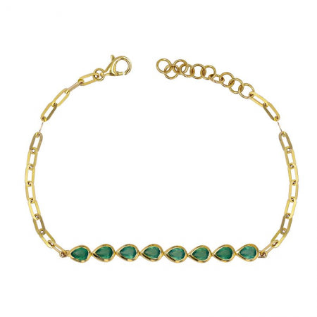 Agent Jewel - 14k Yellow Gold Pear Shape Green Agate Paper Clip Link Chain Bracelet