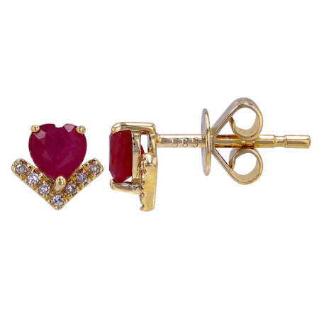 Agent Jewel - 14k Yellow Gold Heart Shape Ruby Diamond Stud Earrings
