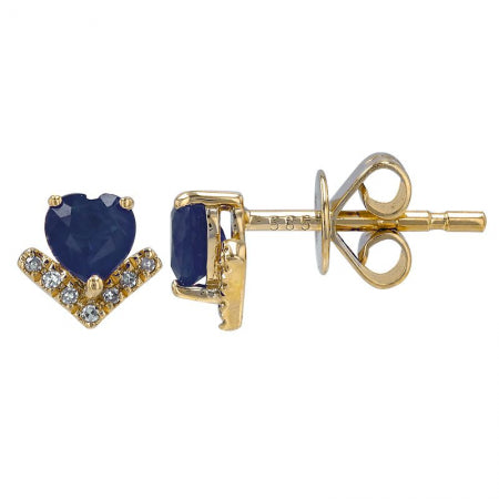 Agent Jewel - 14k Yellow Gold Heart Shape Sapphire Diamond Stud Earrings