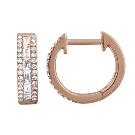 Agent Jewel - 14k Rose Gold Round & Baguette Diamond Huggie Earrings