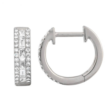 Agent Jewel - 14k White Gold Round & Baguette Diamond Huggie Earrings