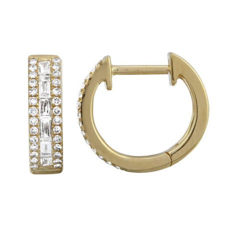 Agent Jewel - 14k Yellow Gold Round & Baguette Diamond Huggie Earrings