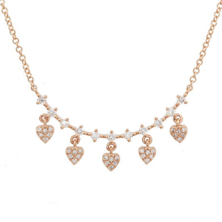 Agent Jewel - 14k Rose Gold Diamond Curved Bar With Dangling Hearts Necklace