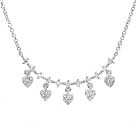 Agent Jewel - 14k White Gold Diamond Curved Bar With Dangling Hearts Necklace