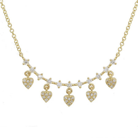 Agent Jewel - 14k Yellow Gold Diamond Curved Bar With Dangling Hearts Necklace